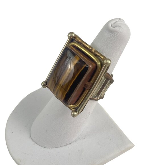 Vintage Gold-Plated Statement Ring With Rectangular Tigers Eye Gemstone & Adjust - Picture 7 of 9
